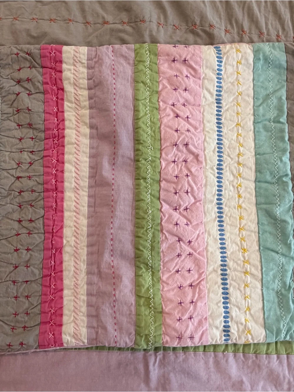 Pottery Barn Kids Striped Pastel Quilt Bedspread - Multi Pink & Gray